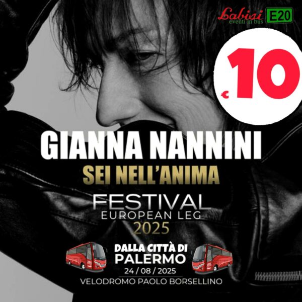 BUS NAVETTA A/R DA PALERMO PER IL CONCERTO DI GIANNA NANNINI - da Parcheggio Basile, Parcheggio degli Emiri, Piazzale Giotto, Parcheggio Francia  per LO STADIO VELODROMO - 24 Agosto - € 10