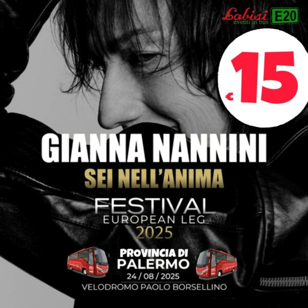 BUS NAVETTA DA PROVINCIA DI PALERMO A/R PER IL CONCERTO DI GIANNA NANNINI - da Buonfornello, Casteldaccia, Bagheria, Villabate per LO STADIO VELODROMO - 24 AGOSTO - € 15